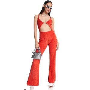 Elsie & Fred Cut Out Detail 70s Jumpsuit in Red Towelling Size XS